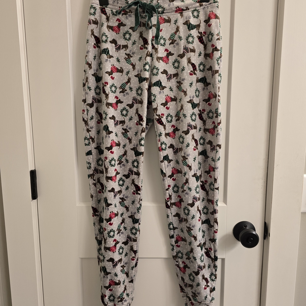 Womens Festive Dog Print Plush Pajama Pants